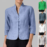 Schmale, dreiviertelärmelige Knopfleiste, modische V-Ausschnitt-Jacke mit Stehkragen, einfarbig, für Damen