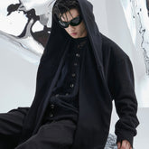 Doppellagiger Kapuzenpullover mit gepolsterten Schultern, angedeutetes zweiteiliges Design, schwerer, lockerer Cardigan-Mantel