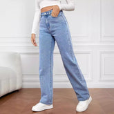 Gewaschene, gerade geschnittene Jeans für Damen, mittelhoher Bund