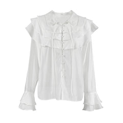 Weißes Tencel-Hemd mit Rüschen und ausgestellten Ärmeln