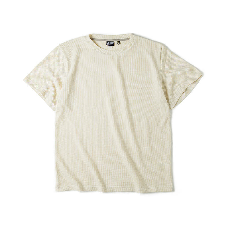 Waffle Round Neck Knitted Short Sleeve T-shirt Half Sleeve Bottoming Shirt