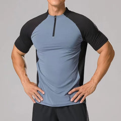 Schnelltrocknende Sportbekleidung mit Stehkragen, halbem Reißverschluss und kurzen Ärmeln – ideal für Workout und Training
