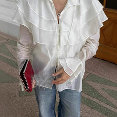 Weißes Tencel-Hemd mit Rüschen und ausgestellten Ärmeln